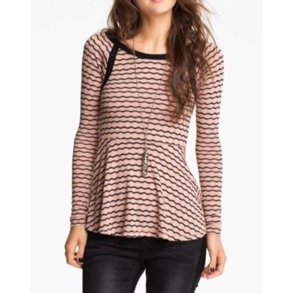 Free People Pink and Black Wavy Stripe Long Sleeve Tunic
